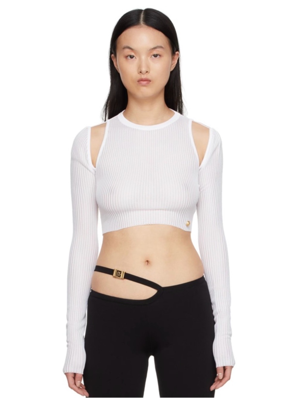 Balmain White Ribbed Cutout Long-Sleeve Crop Top